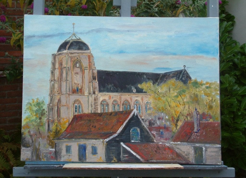 kerk Veere  80 x 60 cm   olieverf op doek, Antiek en Kunst, Doek, Ophalen of Verzenden, Olieverf, Klassiek