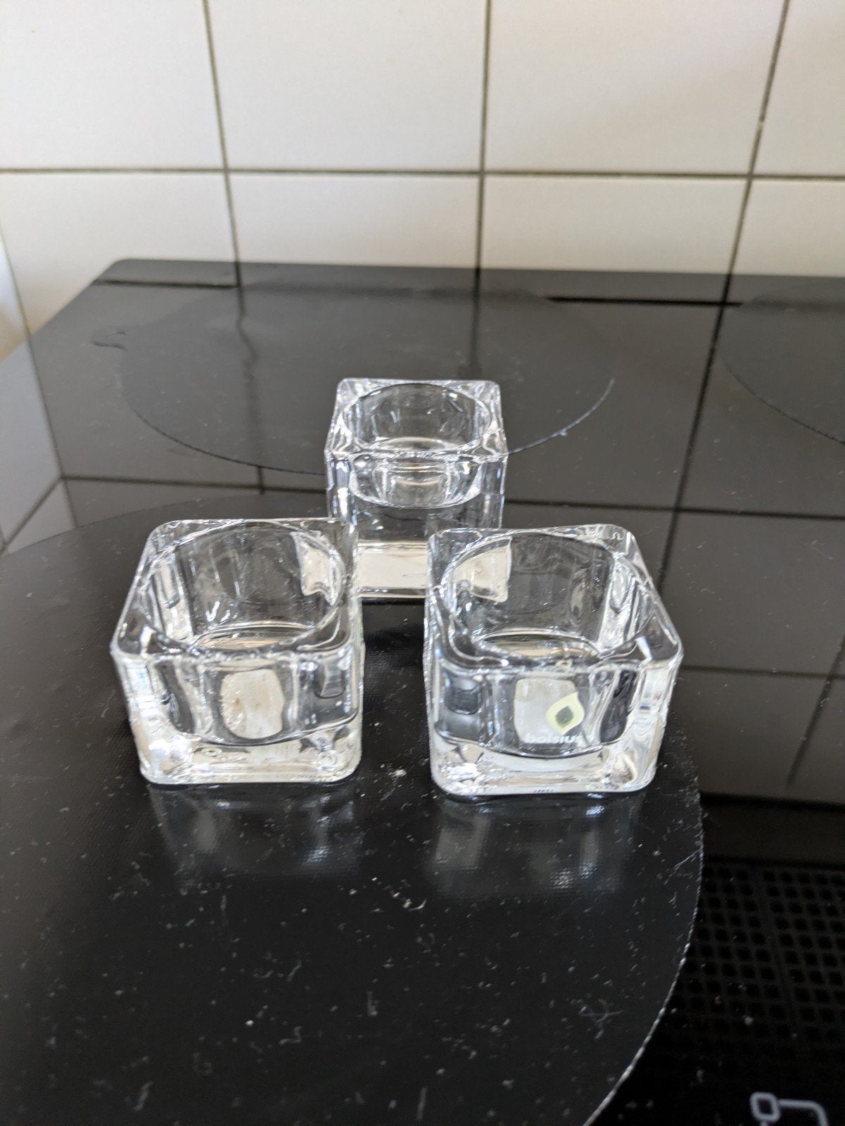 Set van 3 Bolsius glazen waxinelichthouders, Ophalen of Verzenden, Gebruikt, Overige materialen, Kandelaar