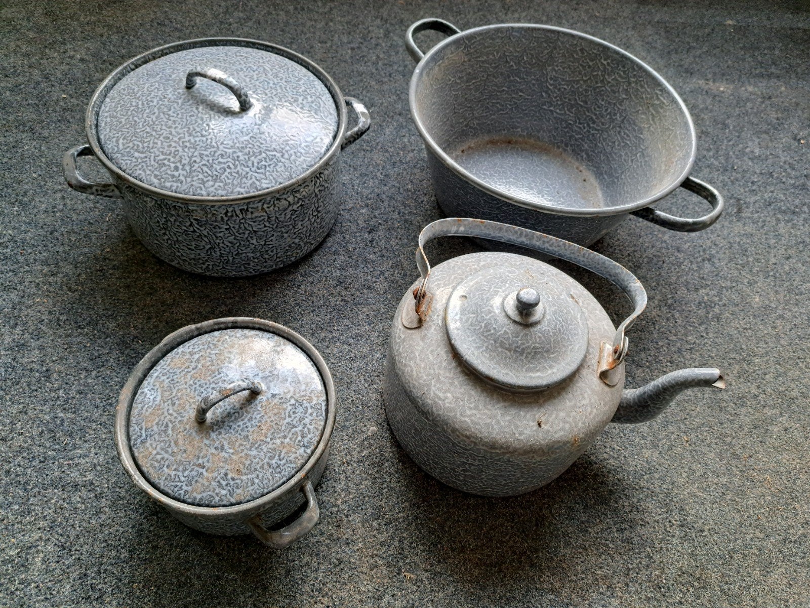 Vintage geëmailleerde potten en theepot set, Ophalen of Verzenden