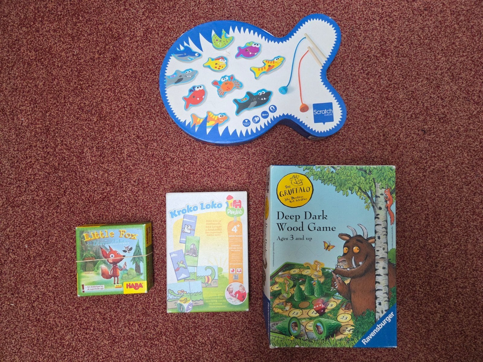 kinderspellen: Kroko Loko, Little Fox, Gruffalo, Visj, Hobby en Vrije tijd, Een of twee spelers, Ophalen, Gebruikt, HABA, Ravensburger, Scratch