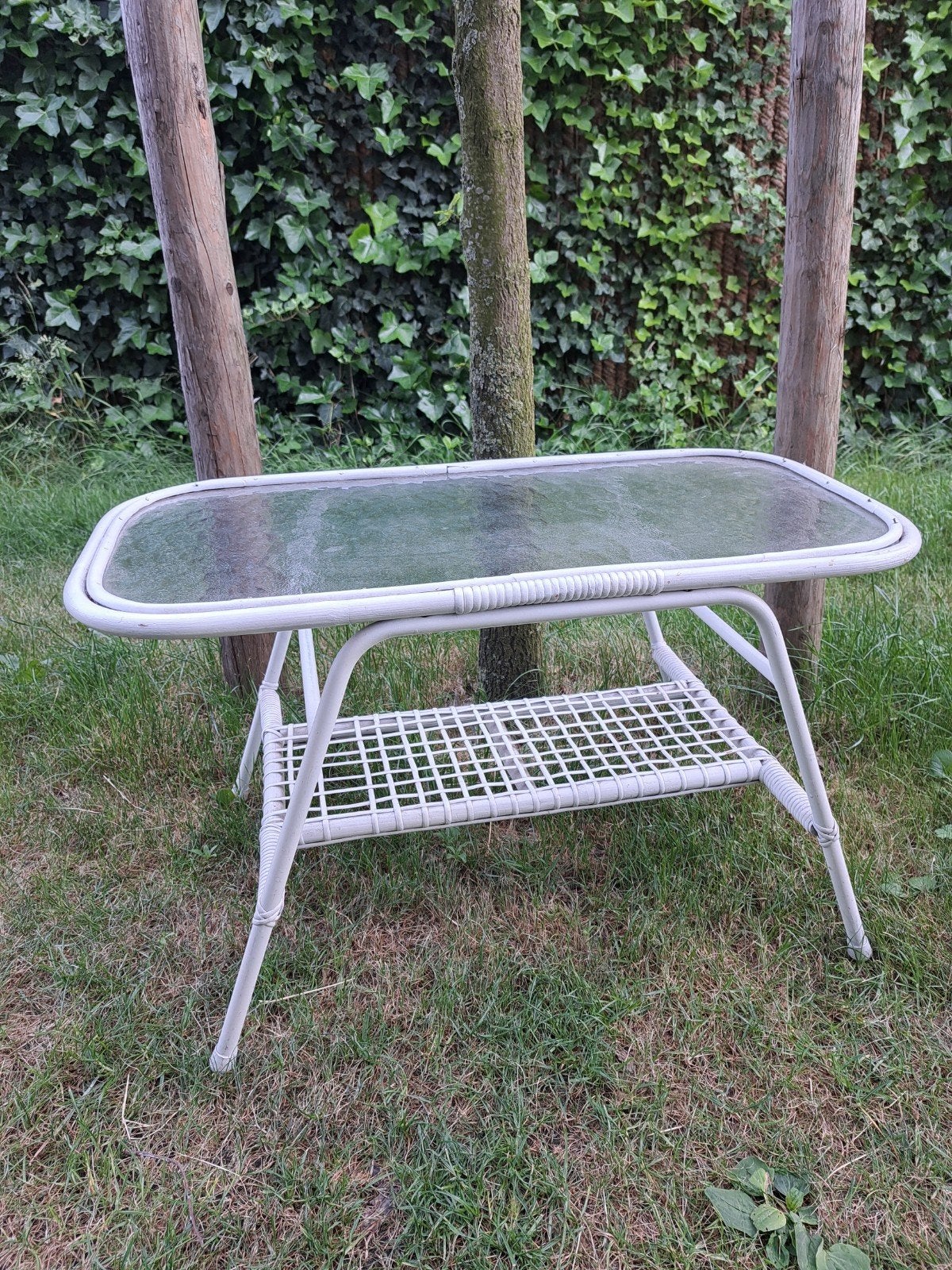 Vintage rotan tafeltje wit glas rechthoek tuin, Ophalen, Huis en Inrichting