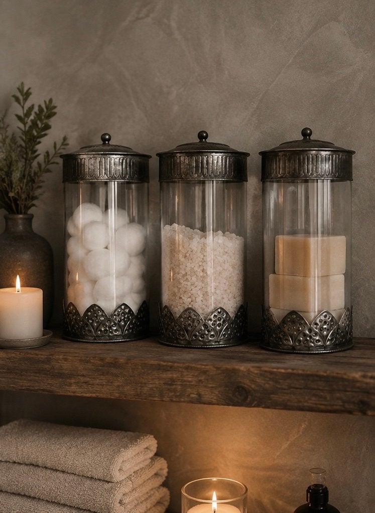 Set van 3 voorraadpotten met metalen deksel en voet, Ophalen, Vintage, Zo goed als nieuw, Glas