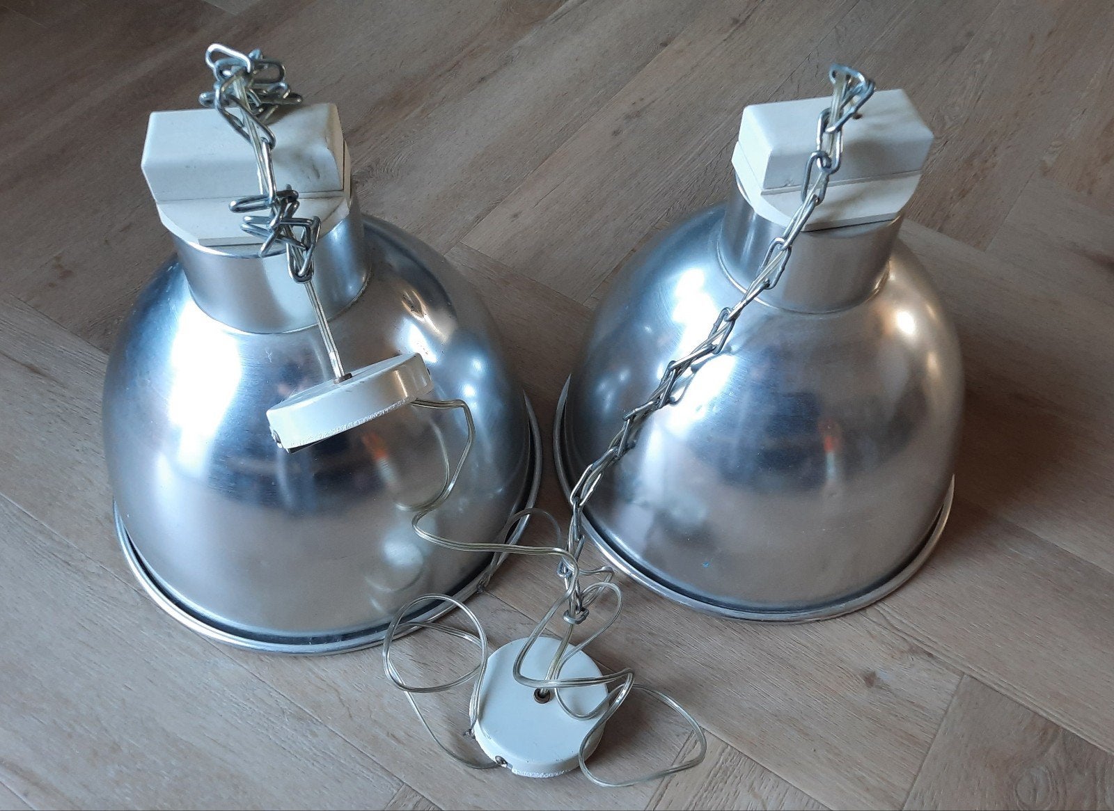 Set van 2 Industriële Hanglampen - Aluminium, Ophalen, Gebruikt, Metaal, Industrieel