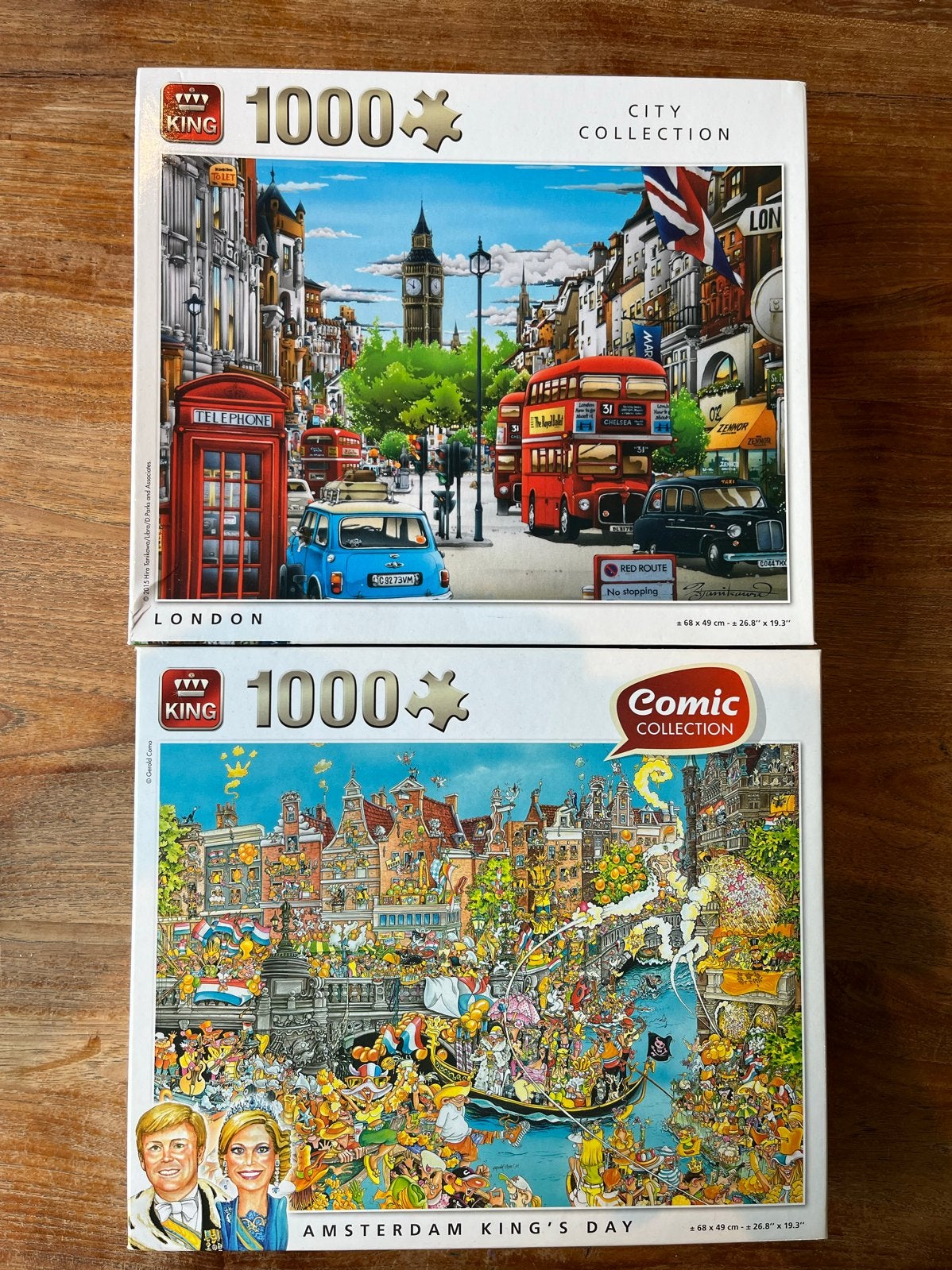 2 King Puzzels: Amsterdam King's Day & London (1000 stukjes), Ophalen of Verzenden, 500 t/m 1500 stukjes, Gebruikt, Legpuzzel