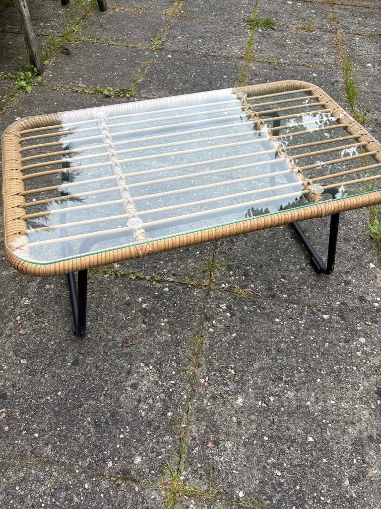 Rotan salontafel/tuintafel met glazen blad, Tuin en Terras, Tuintafels, Ophalen, Zo goed als nieuw, Rechthoekig