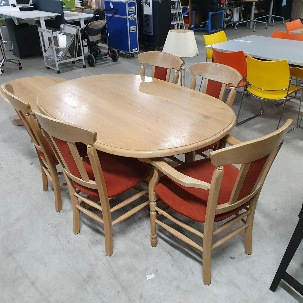 Massieve eiken eettafel met 5 stoelen, Ophalen, Gebruikt, 200 cm of meer, 50 tot 100 cm