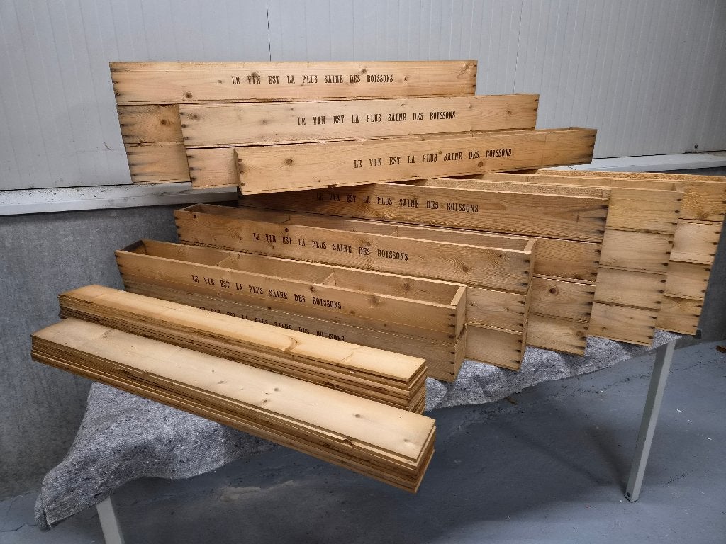 Partij houten wijnkistjes langwerpig voor 3 flessen, Ophalen, 75 tot 100 cm, Zo goed als nieuw, Minder dan 40 cm