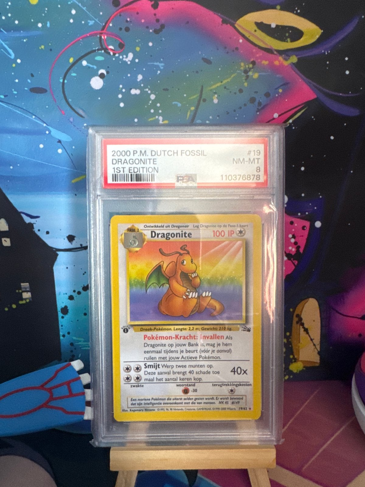 Dragonite 1st Edition PSA 8 NM-MT non-holo. Dutch, Ophalen of Verzenden, Zo goed als nieuw, Losse kaart