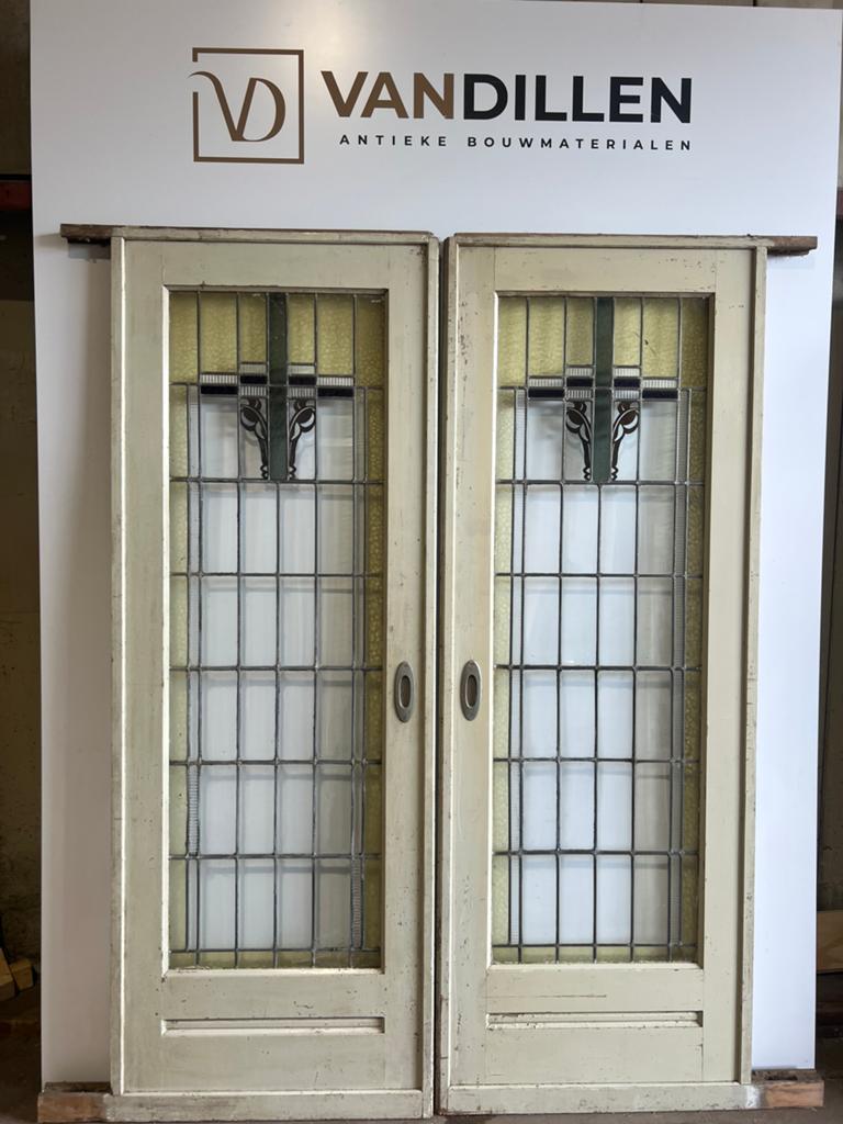Antieke ensuite deuren glas in lood motief 214 x 77.5, Gebruikt, 120 cm of meer, Binnendeur, Ophalen of Verzenden