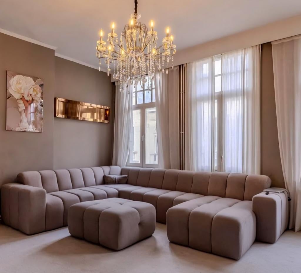 Taupe bankstel met poef - Zeer goede staat, Ophalen, 100 tot 125 cm, Hoekbank, 300 cm of meer