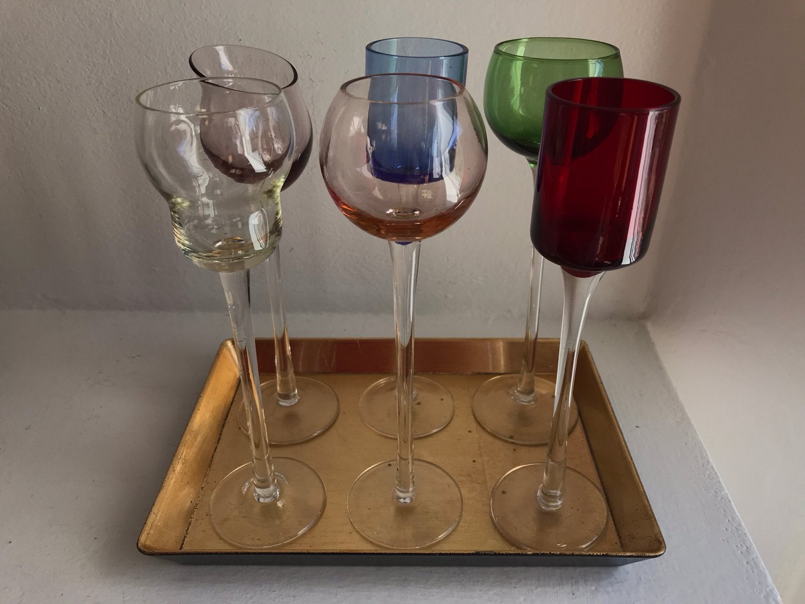 Likeurglazen op voet / Long Stern Cordial mondgeblazen, Ophalen of Verzenden