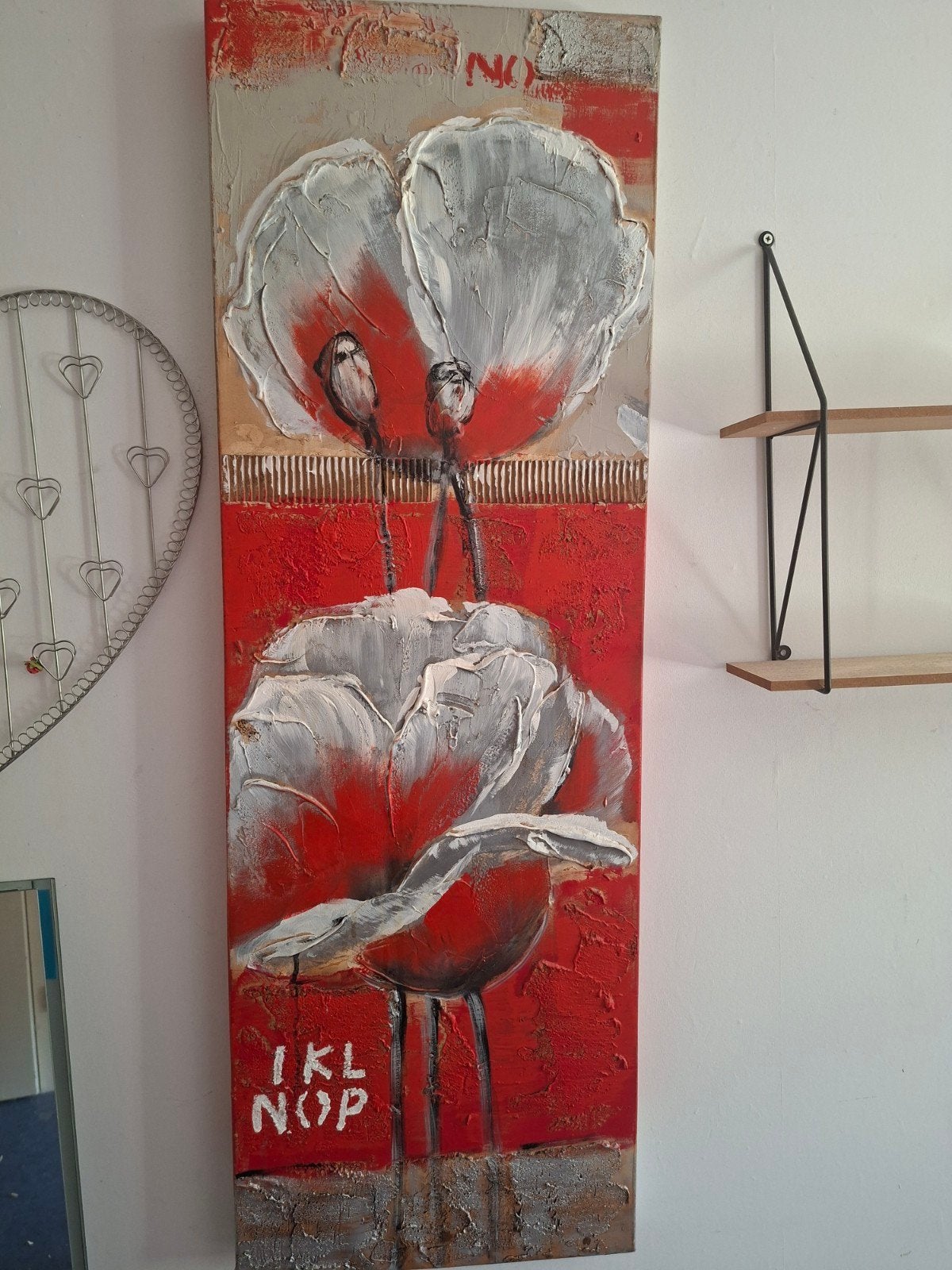 Modern Schilderij: Witte Papavers op Rood (Set van 2), Ophalen, Acrylverf, Op houten frame, Bloemen