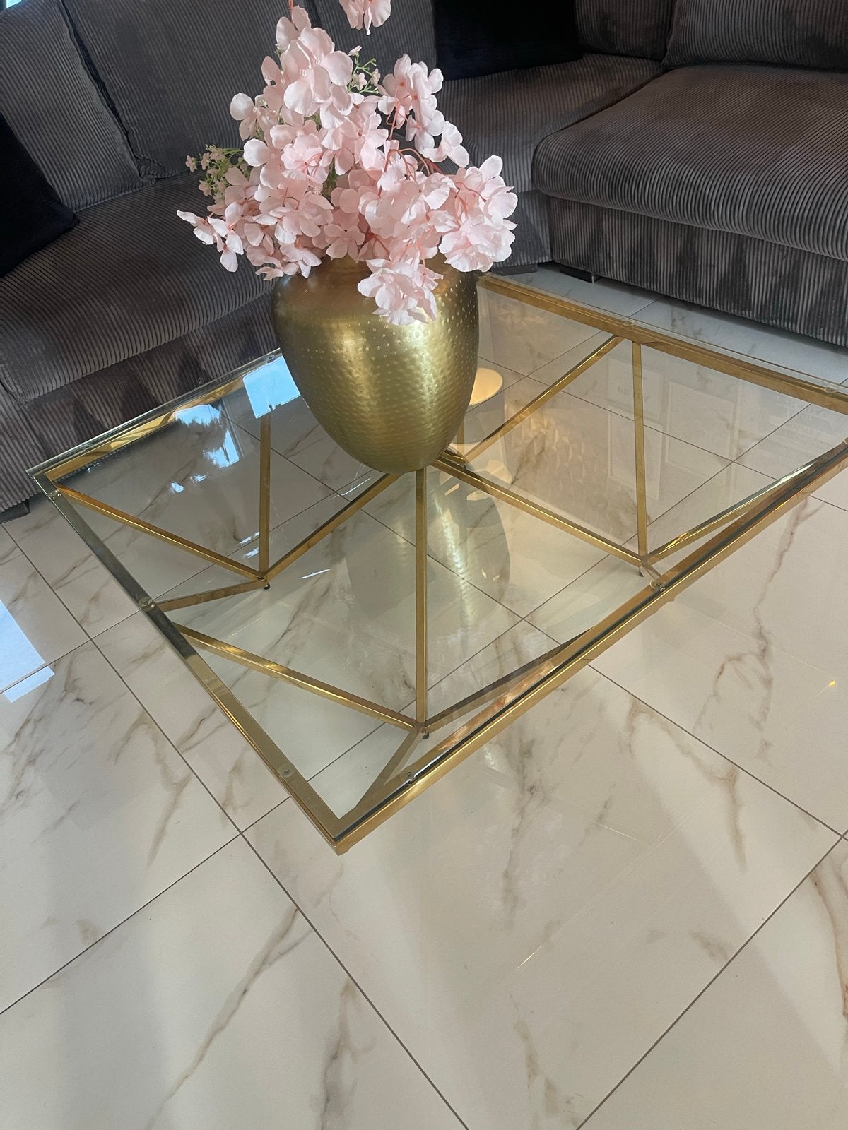 Gouden salon tafel met glasplaat - 1x1m, Ophalen, Gebruikt, 100 tot 150 cm, Vierkant