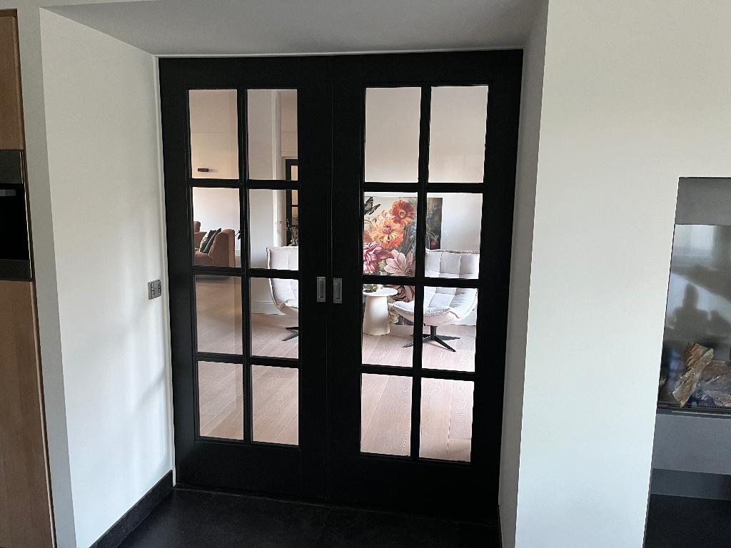 2 houten schuifdeuren + 1 stompe deur met glas en roedeverd., Doe-het-zelf en Verbouw, Ophalen, Gebruikt, 80 tot 100 cm, Binnendeur