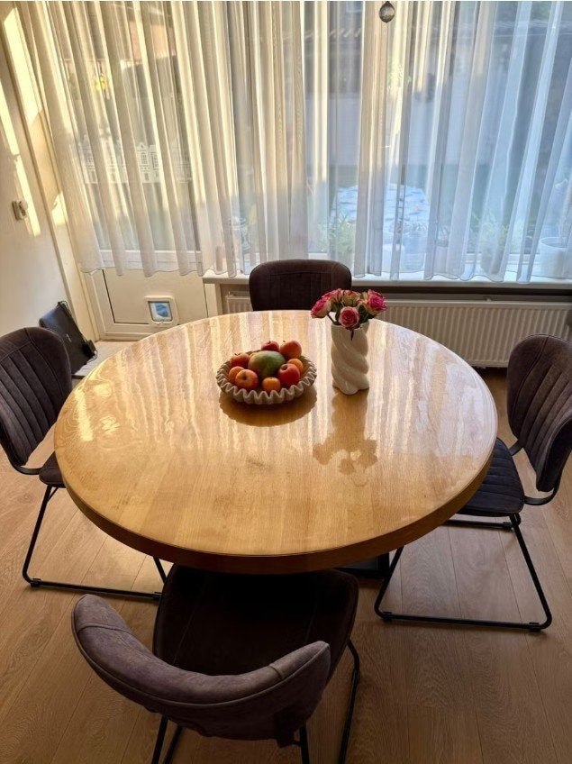 Ronde mangohouten eettafel met stalen kruis poten (130cm), Ophalen, Gebruikt, Rond, Vijf personen of meer