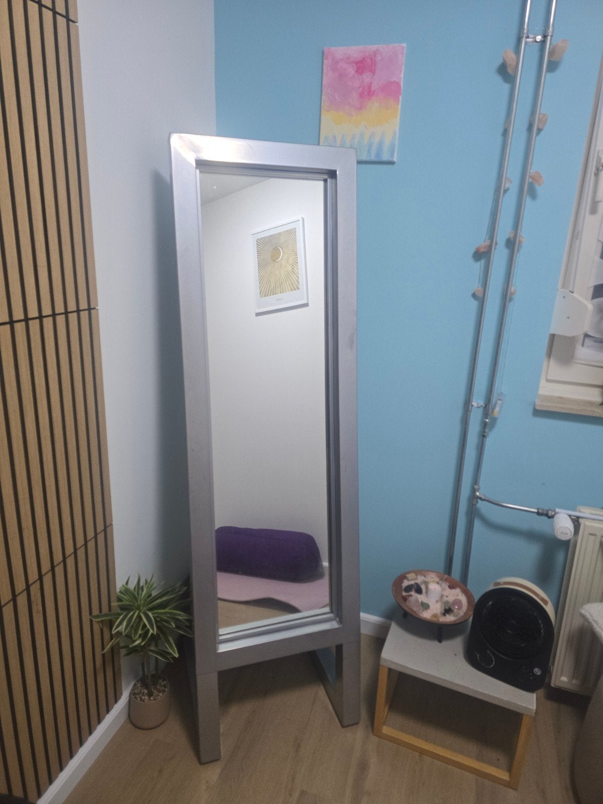 Grote staande spiegel met zilverkleurig frame, Ophalen, Gebruikt, 150 tot 200 cm, Rechthoekig
