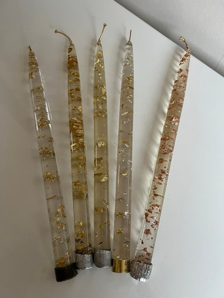 5 Vintage Lucite Kunststof Kaarsen Rose Gouden Flakes 50’s, Ophalen of Verzenden, Zo goed als nieuw, Kunststof, Kaars