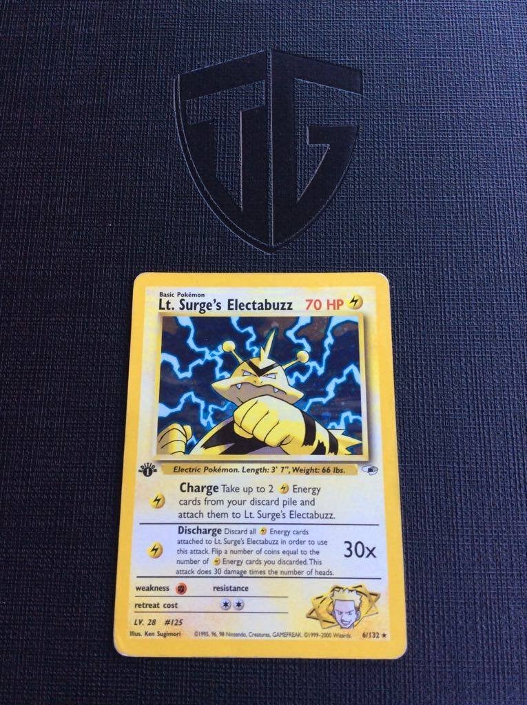 1st edition Lt. Surge Electabuzz - Gym Heroes - Pokémonkaart, Ophalen of Verzenden, Gebruikt, Losse kaart, Foil