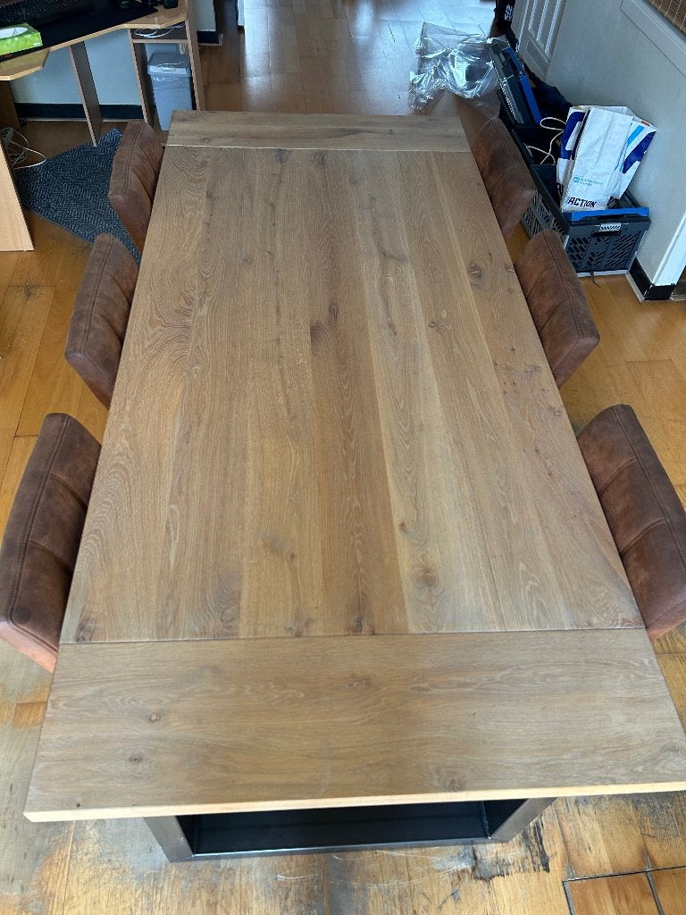 Eettafel Sibiu met 6 Alinda stoelen Stof Cowboy Cognac, Huis en Inrichting, Tafels | Eettafels, 200 cm of meer, 50 tot 100 cm
