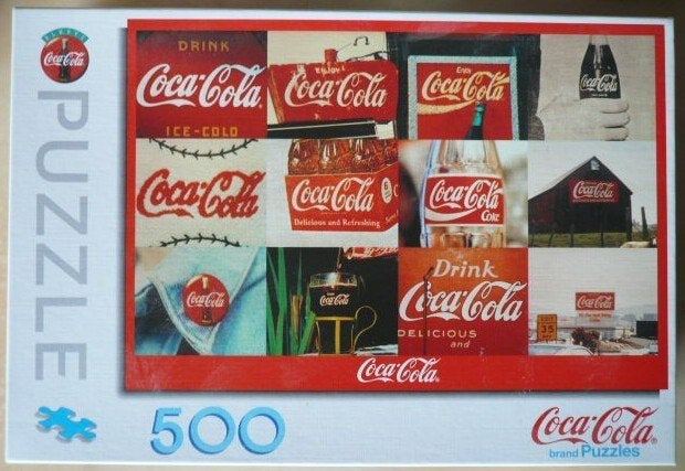 leuke oude COCA-COLA legpuzzel 500 stukjes met CC- etiketten, Ophalen of Verzenden, 500 t/m 1500 stukjes, Zo goed als nieuw, Legpuzzel