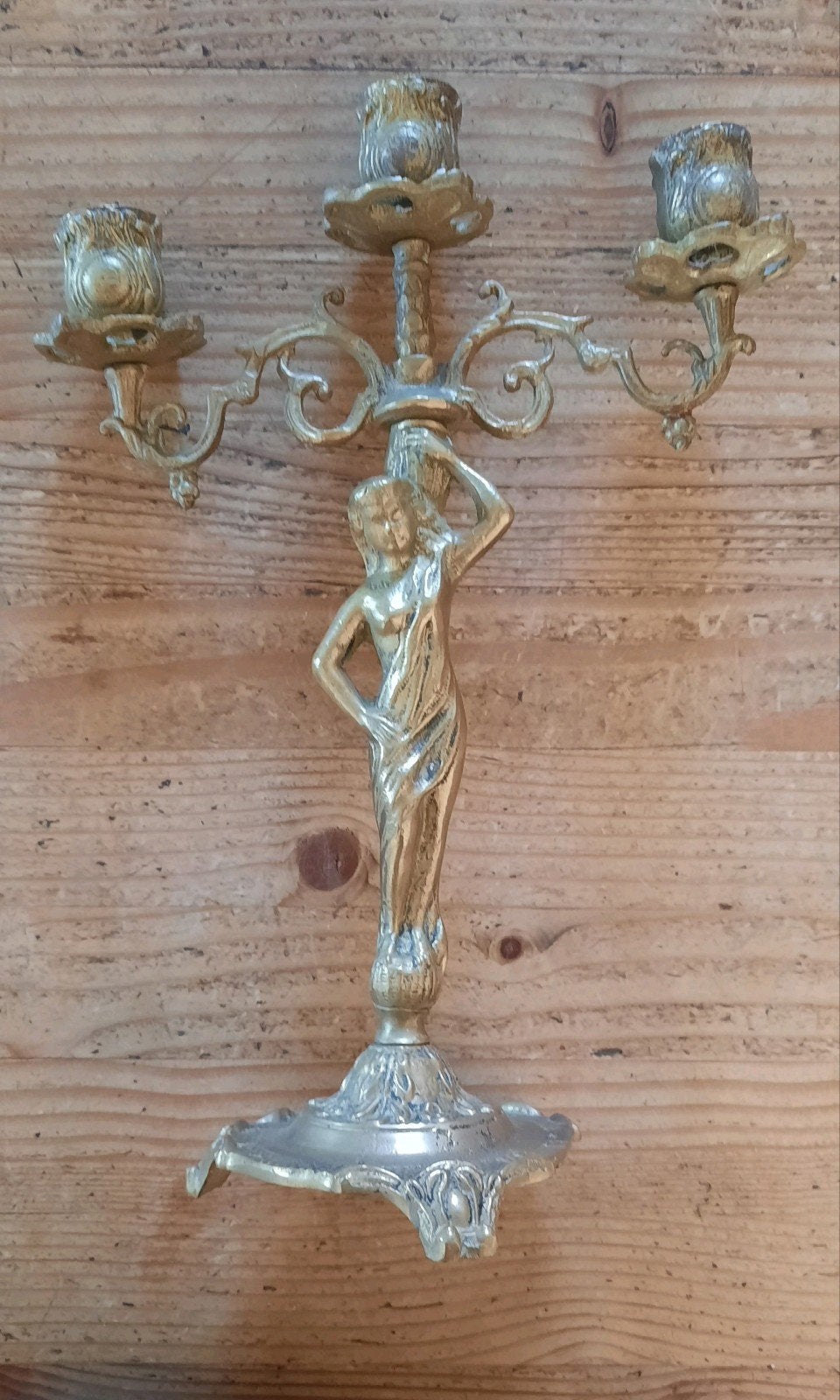 Antieke bronzen kandelaar met drie armen en figuur, Antiek en Kunst, Verzenden, Koper of Brons