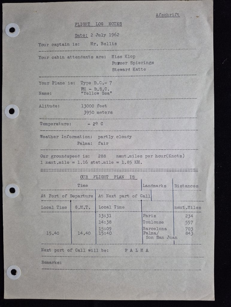 Flight Log van de KLM DC-7 PH-DSC van 2 juli 1962 (K1265), Ophalen of Verzenden, Gebruikt, Kaart, Foto of Prent