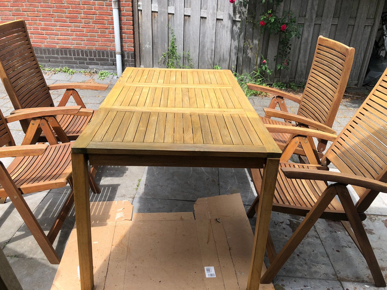 TeakHout tuinset met tafel en 4 stoelen en bankje, Tuin en Terras, Tuinsets en Loungesets, 4 zitplaatsen, Gebruikt, Eettafel, Ophalen of Verzenden