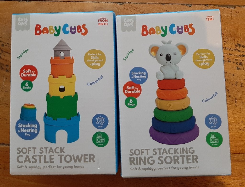 2 x Baby Stapeltorens van CUBS CLUB zacht., Ophalen of Verzenden, Zo goed als nieuw, Bouwen