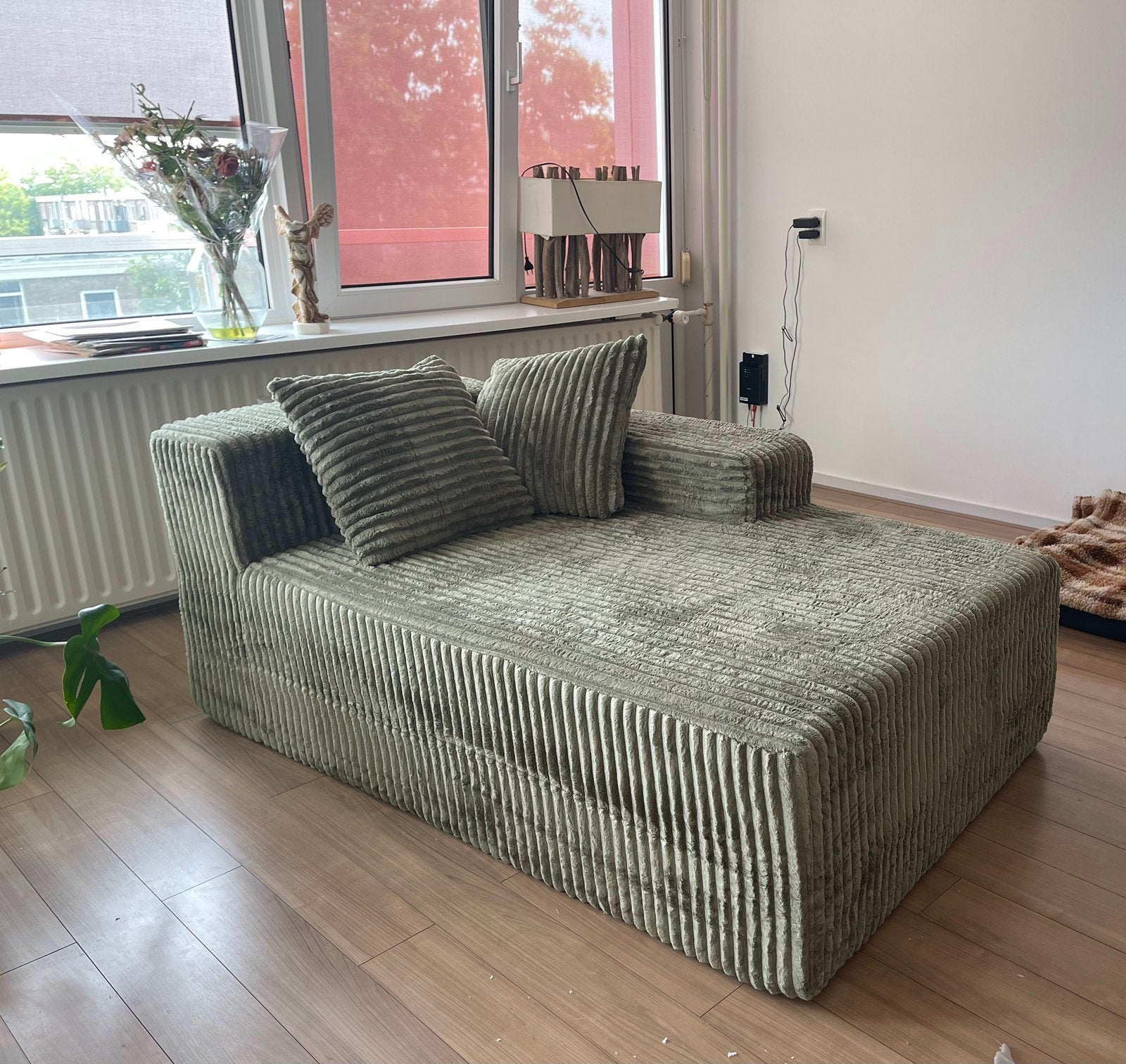 Stijlvolle groene ribstof loungebank | gloednieuw, Ophalen, Nieuw, Eenpersoons