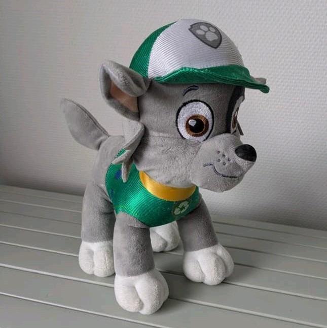 Rocky paw patrol Nickelodeon knuffel rescue pup recycle, Gebruikt, Overige merken, Grijs, Middelgroot (20 tot 80 cm)