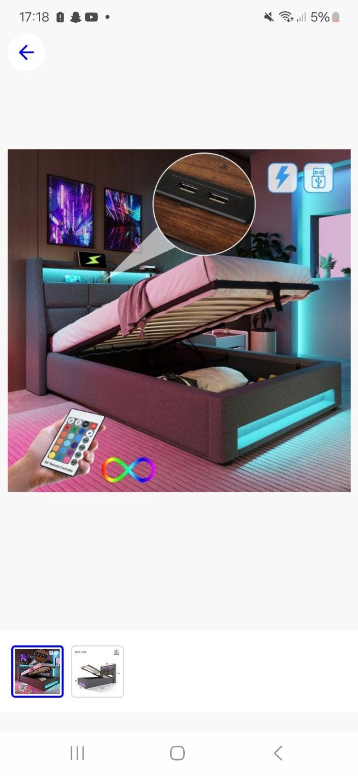 Gestoffeerd bed met USB-aansluiting 90x200cm LED-eenpersoons, Ophalen, Nieuw, Overige modellen, Minder dan 10 lampen