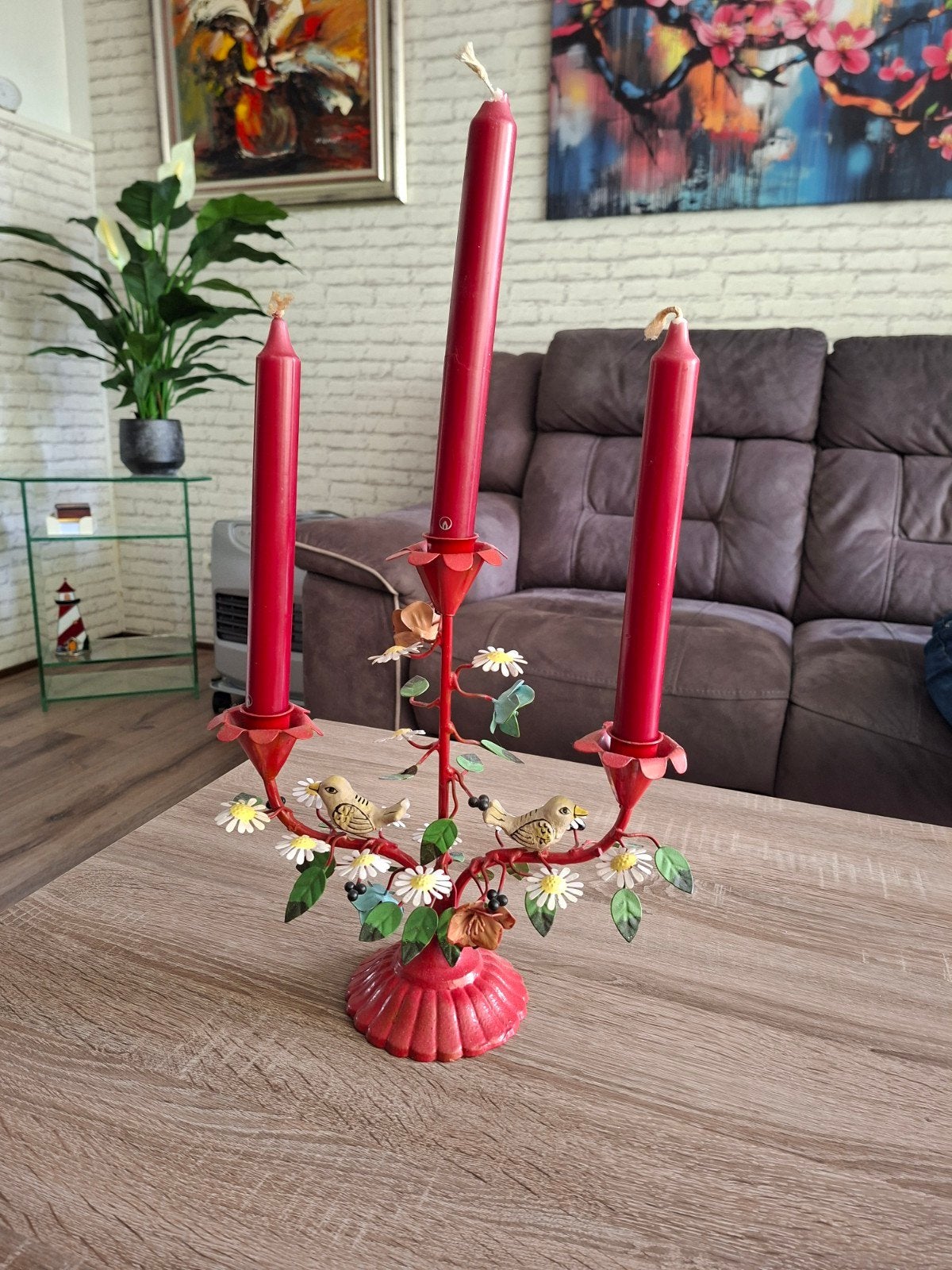 Decoratieve kandelaar met vogels en bloemen, Ophalen of Verzenden, Overige materialen