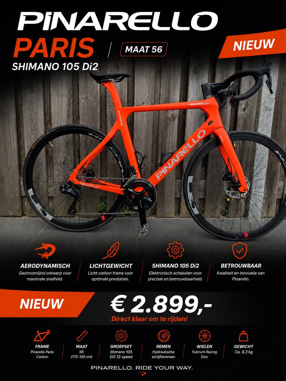 Pinarello Paris Shimano 105 Di2 Racefiets - Nieuw, Maat 56, Overige merken, 28 inch, Nieuw, Ophalen of Verzenden