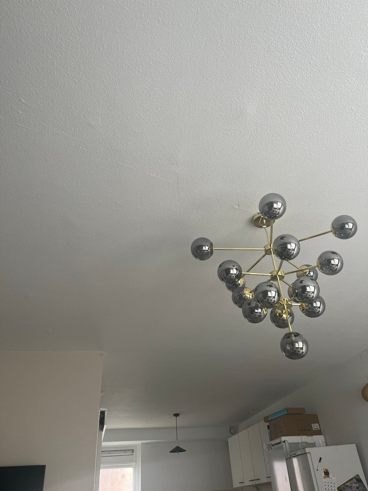 Moderne Sputnik Kroonluchter met Goud en Rookglas, Ophalen, Zo goed als nieuw, Metaal, E14 (klein)