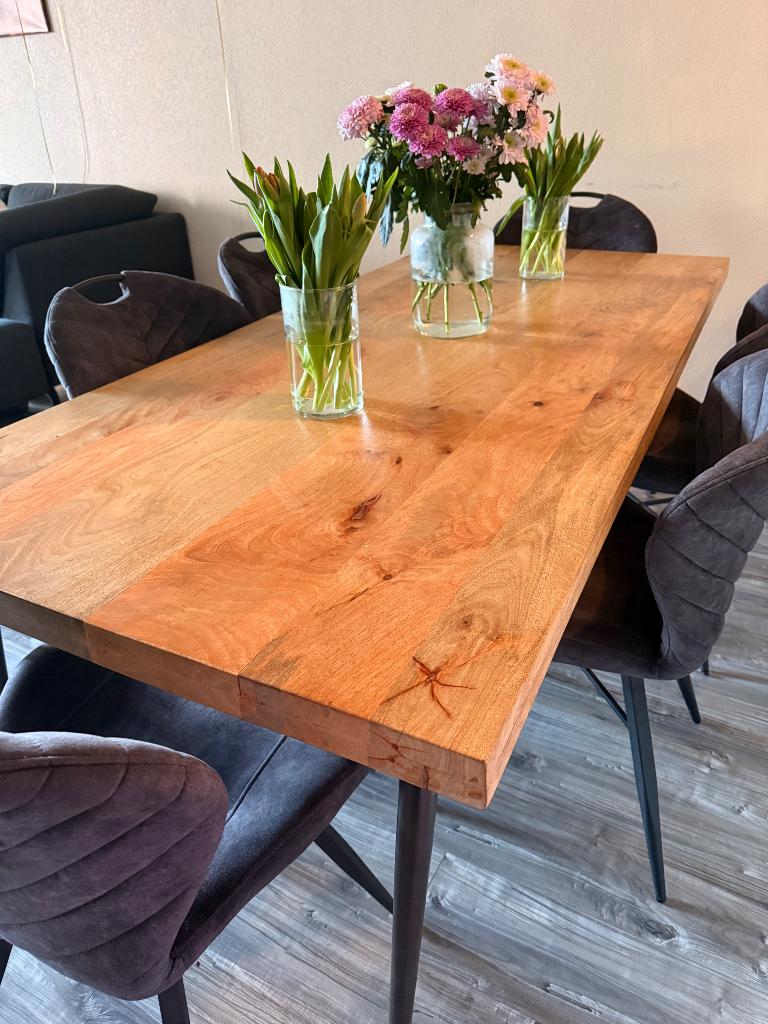 Mango houten eettafel + 6 stoelen – 200x90 cm, Huis en Inrichting, Complete eetkamers, Ophalen, Zo goed als nieuw, 4 tot 6 stoelen