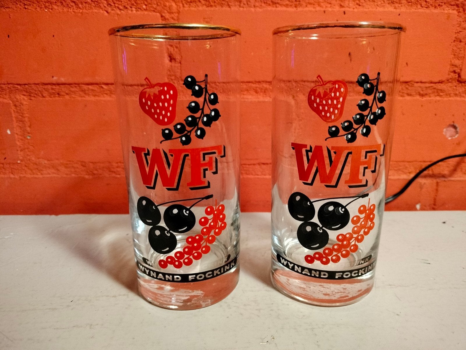Set van 2 vintage Wynand Fockink glazen met fruitprint, Ophalen of Verzenden