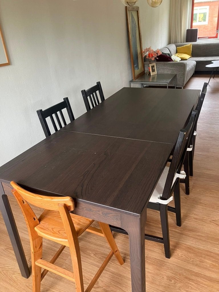 Uitschuifbare eettafel met 4 stoelen - Donkerbruin, Ophalen, Gebruikt, 50 tot 100 cm, Vijf personen of meer