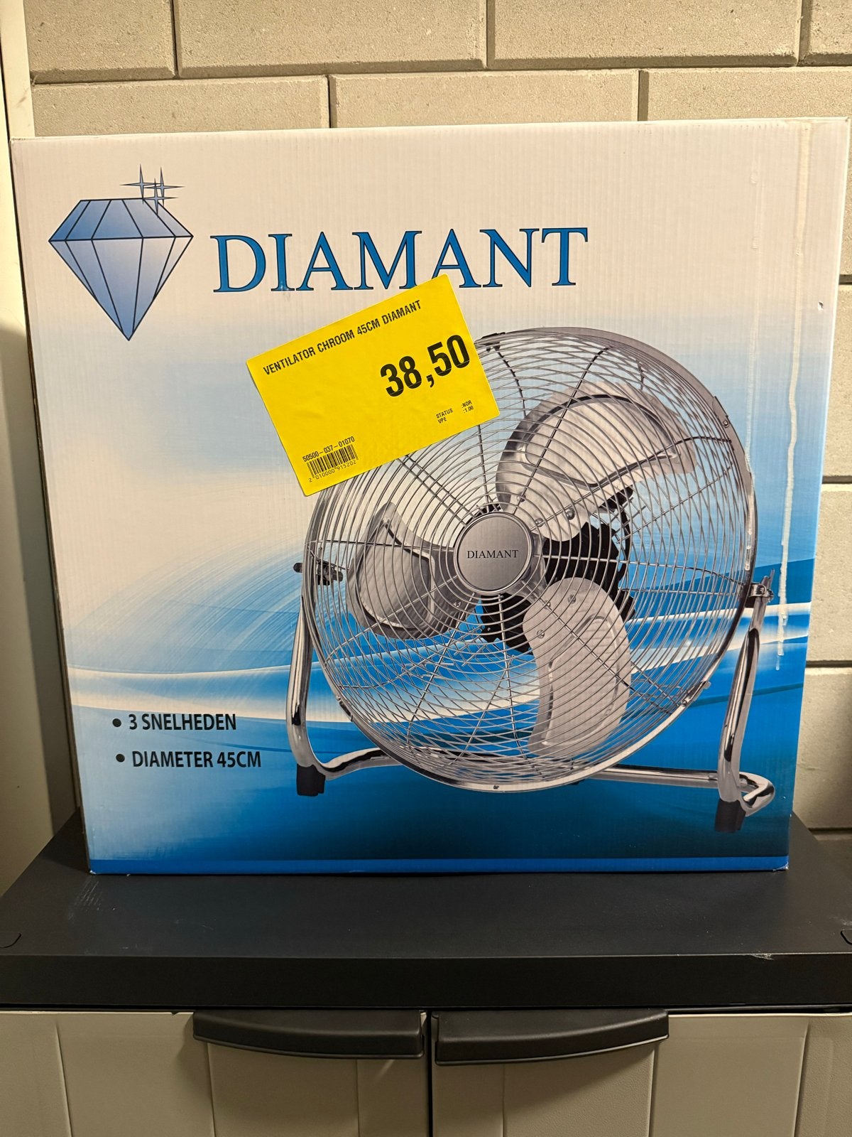 Diamant Ventilator Chroom 45cm - 3 Snelheden, Witgoed en Apparatuur, Ophalen, Nieuw, Vloerventilator