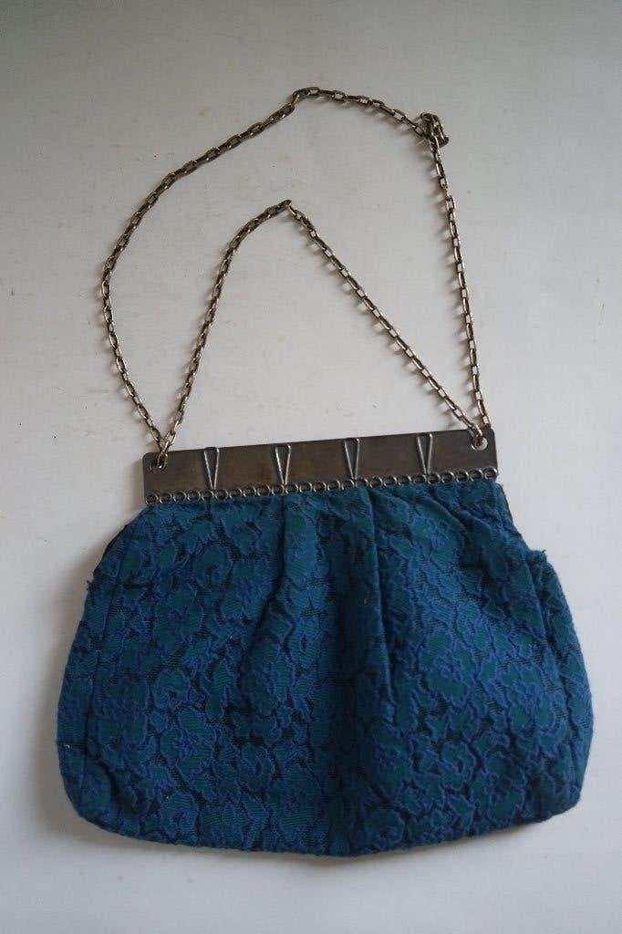 vintage handgemaakte tas blauw stof metaal ketting gevoerd, Sieraden, Tassen en Uiterlijk, Ophalen of Verzenden, Zo goed als nieuw