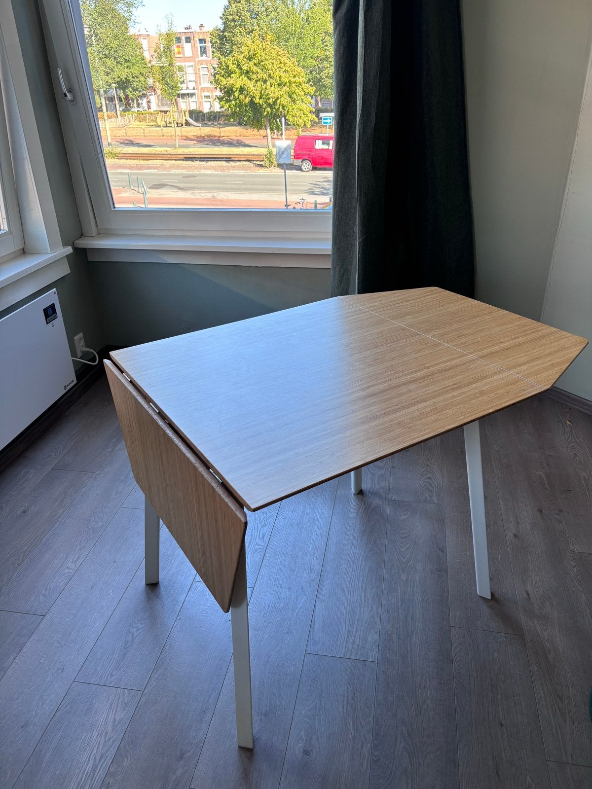 Uitschuifbare eettafel met bamboe blad, Ophalen, Gebruikt, 100 tot 150 cm, 50 tot 100 cm