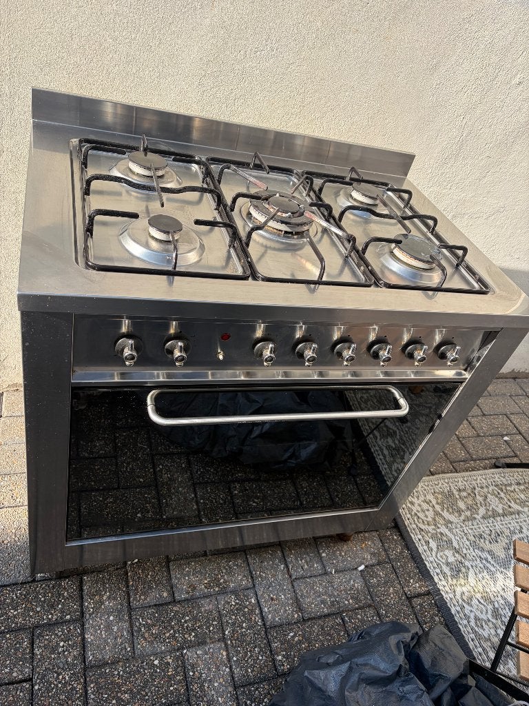 Zilver gasfornuis met 6 gaspitten en grote oven, Ophalen, Gebruikt, 60 cm of meer, Gas