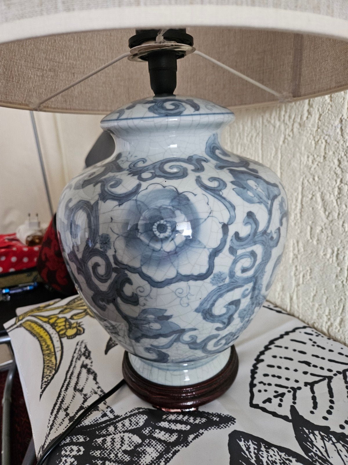 Vintage Chinese porseleinen tafellamp met dimfunctie, Gebruikt, Overige merken, Textiel, Dimbaar