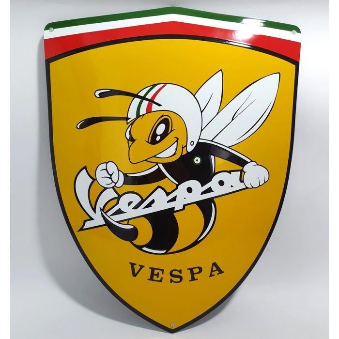 Vespa bij zwaar emaillen reclame decoratie bord scooter ape, Ophalen of Verzenden, Zo goed als nieuw, Reclamebord
