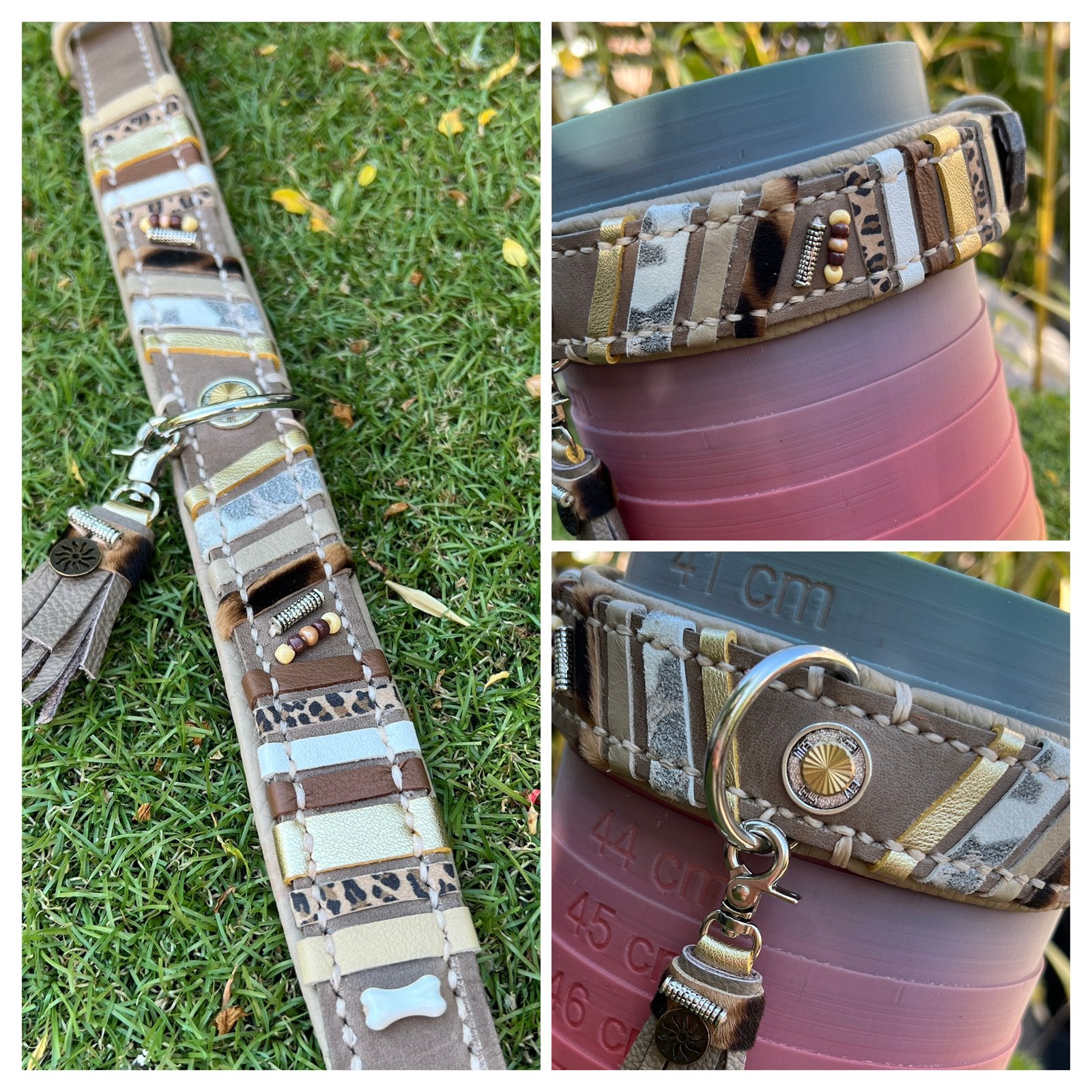 Fraaie halsband taupe leer animal nappa deco mt 38-48cm, Ophalen of Verzenden, Handgemaakt, Nieuw