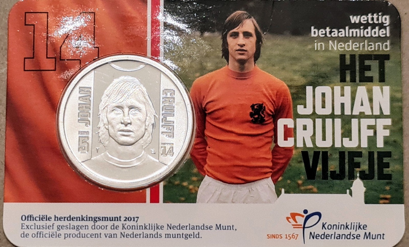 Het Johan Cruijff Vijfje - Zwaar Verzilverde Munt 2017, Ophalen of Verzenden, Koningin Beatrix, Overige waardes, Losse munt