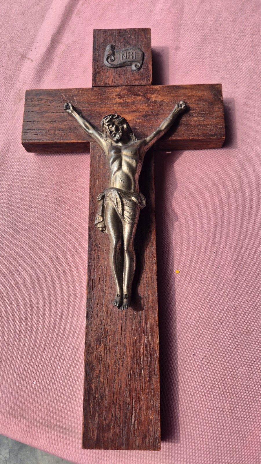 Vintage Houten Kruisbeeld met Bronzen Christusbeeld, Antiek en Kunst, Ophalen