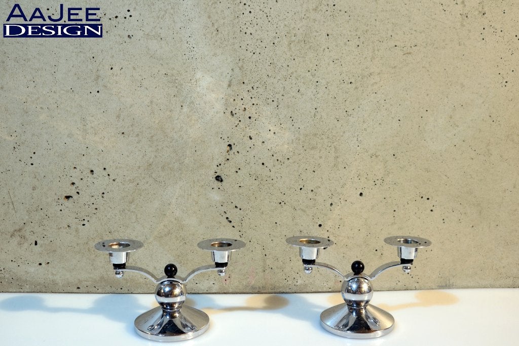 Kandelaars – matching pair – Art Deco – geometrische vormen, Gebruikt, Meerkleurig, Ophalen of Verzenden, Metaal
