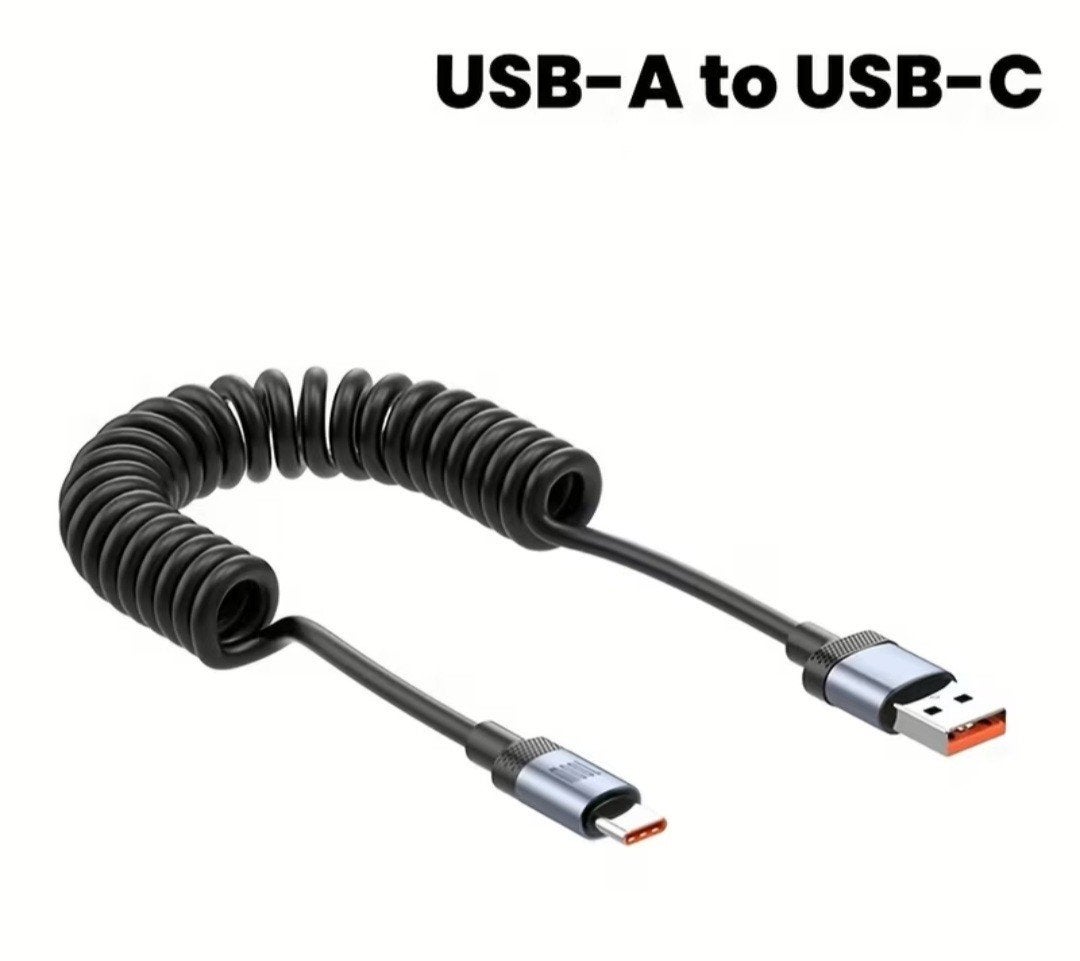 USB-A naar USB-C spiraalkabel 100W snelladen, Universeel, Nieuw, Ophalen of Verzenden, Oplaadkabel