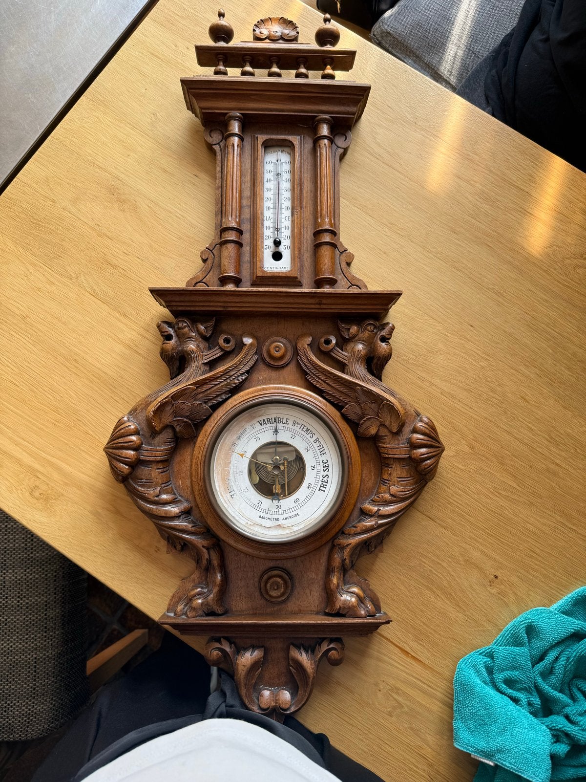 Antieke Barometer/Thermometer - Houtsnijwerk, Ophalen of Verzenden, Gebruikt, Barometer