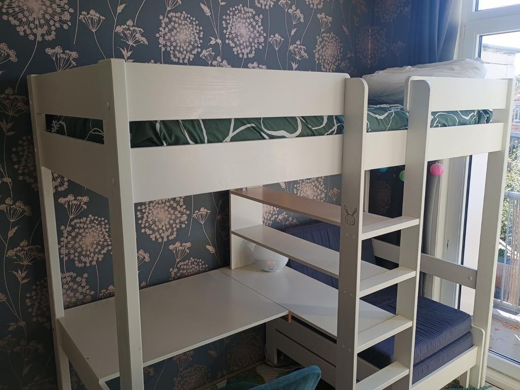 Hoogslaper 90x200cm met bureau en bank/logeerbed, Ophalen, Gebruikt, Hoogslaper